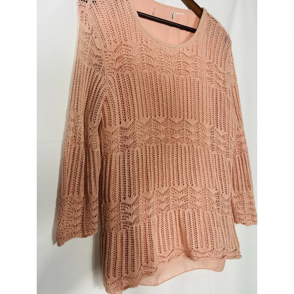 Vintage Womens Open Knit Boho Crochet Sweater Pink Fairy Coquette Asymmetric Y2K
